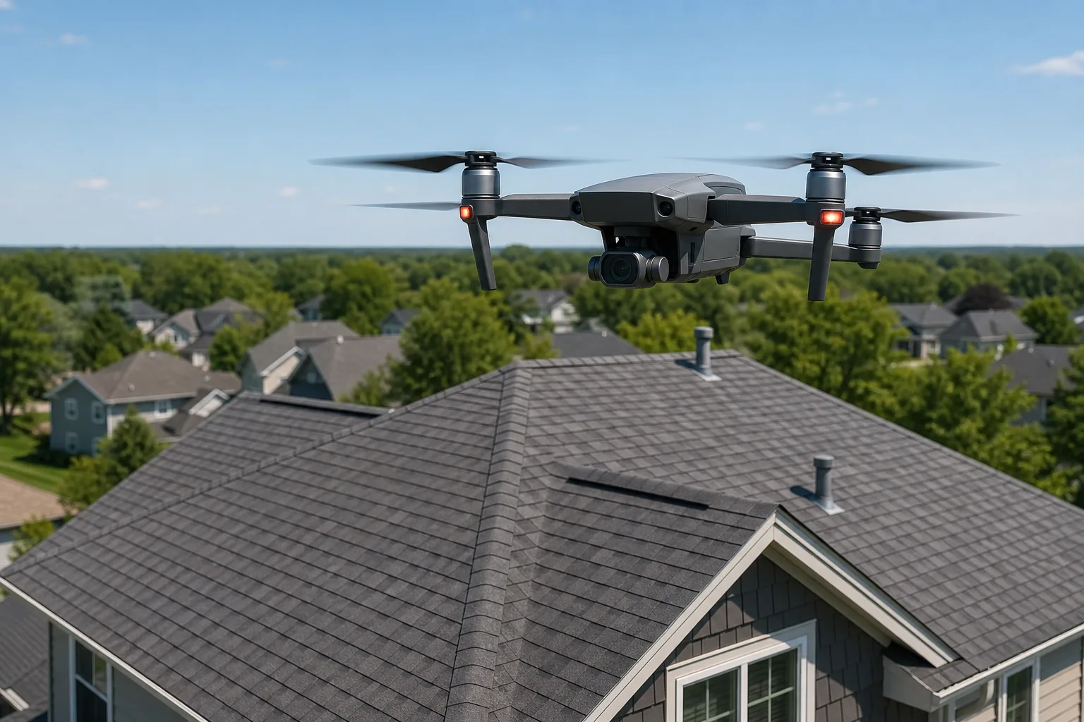Drone conducting aerial roof survey